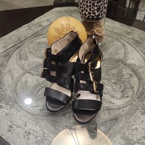 Michael KORS Black Leather Strappy Women's Open Toe Back Zip Sandals Heels 7m